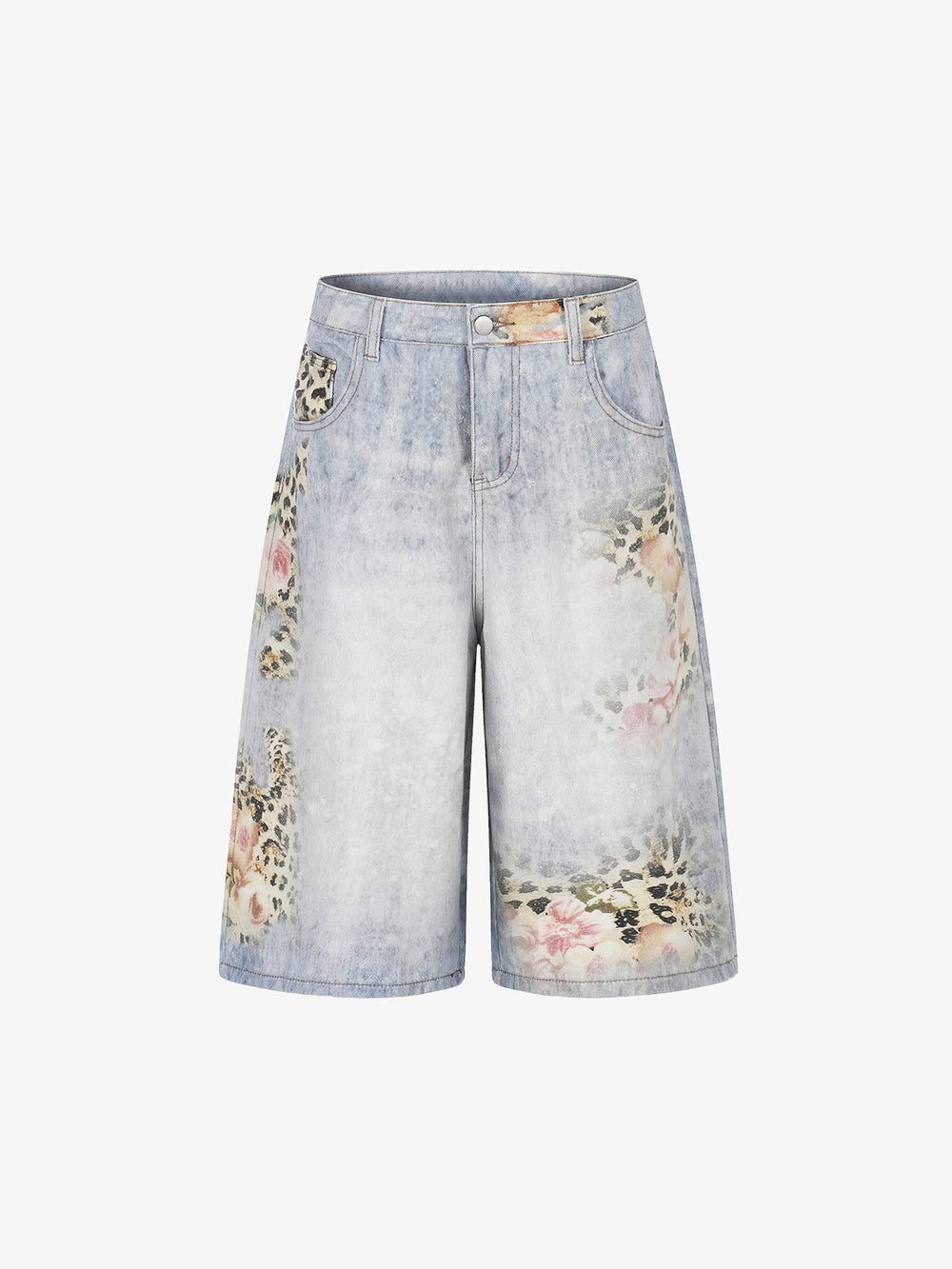 Light Wash Denim Shorts with Floral & Leopard Details