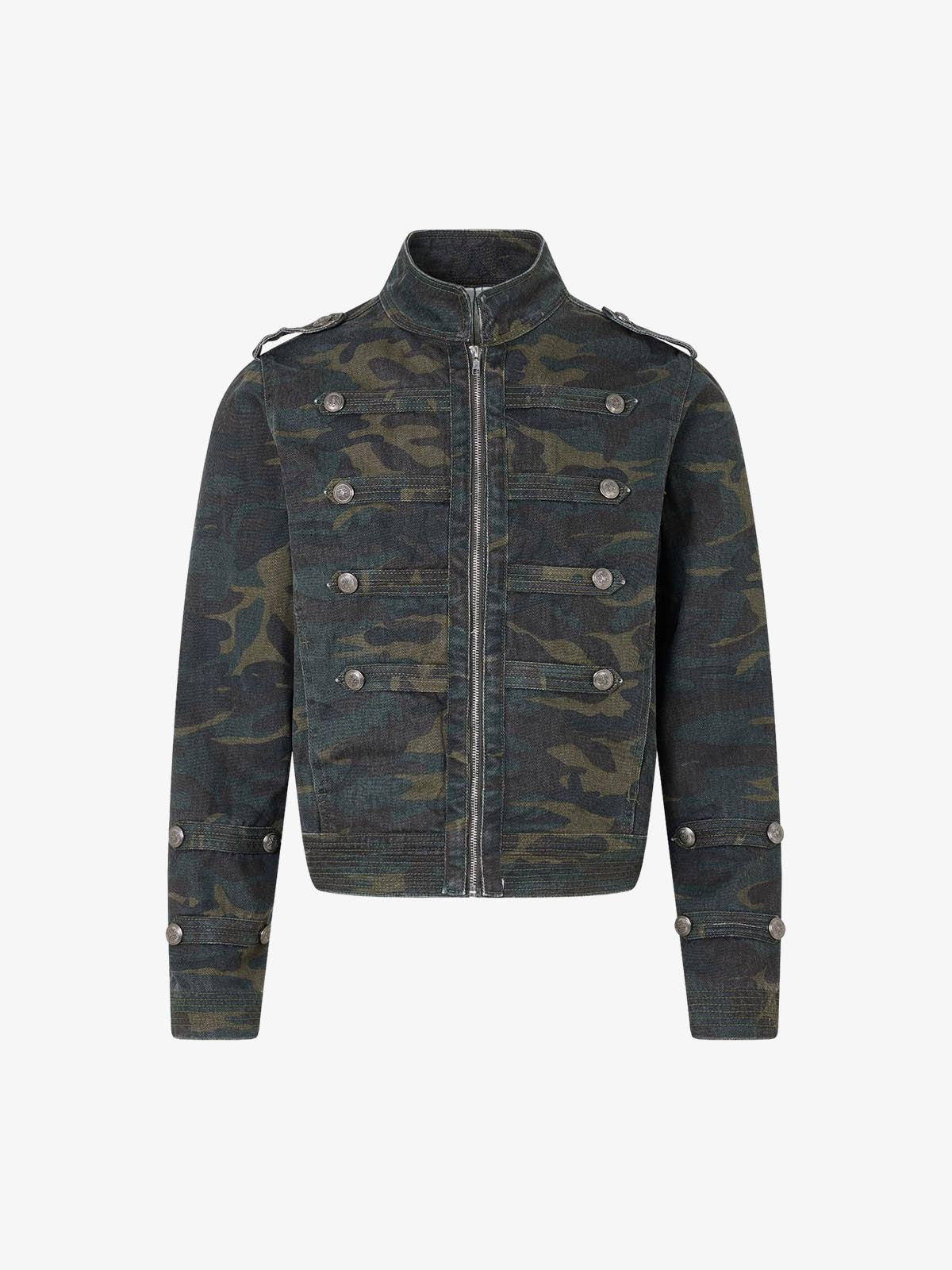 Distressed Camo Snap-Button Stand-Collar Jacket