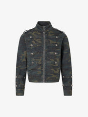 Distressed Camo Snap-Button Stand-Collar Jacket