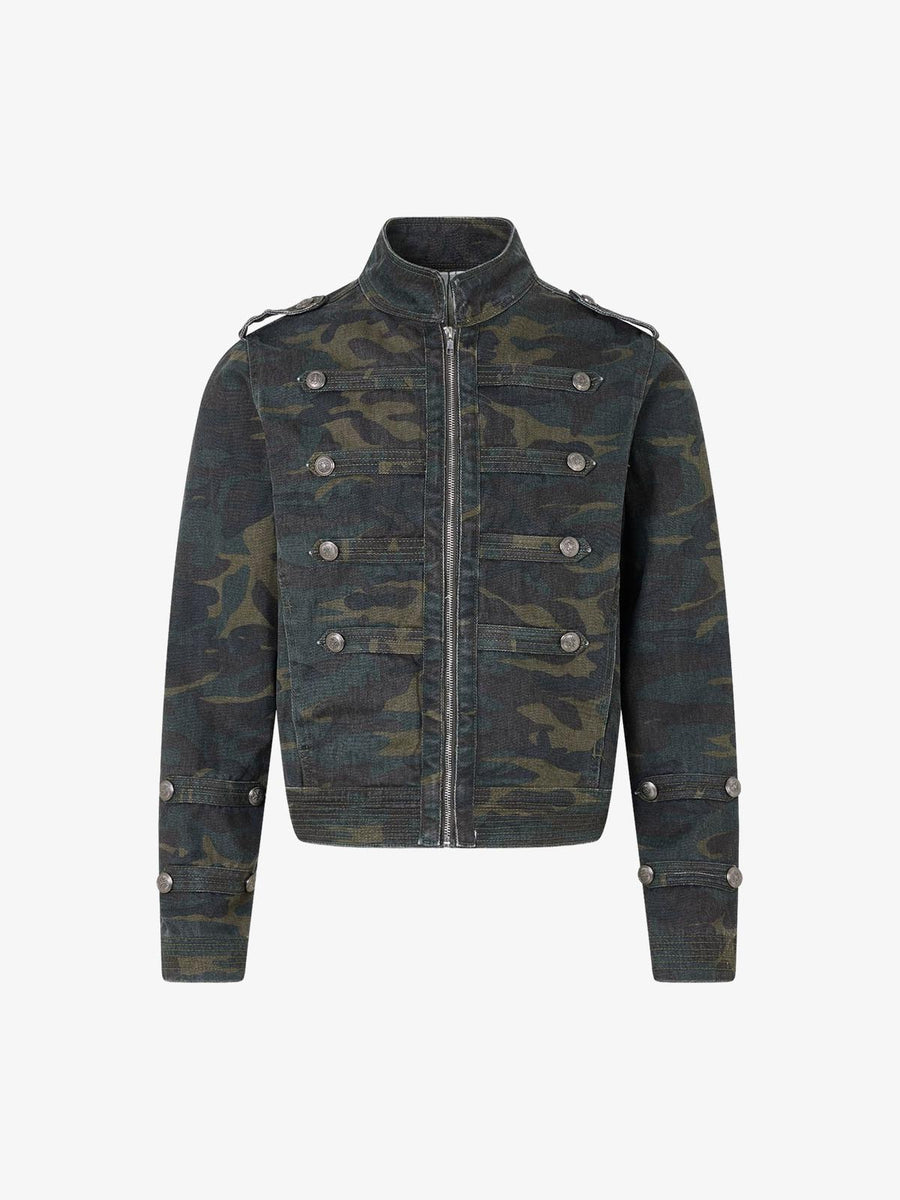 Distressed Camo Snap-Button Stand-Collar Jacket