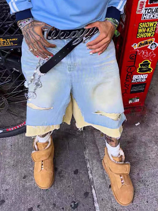 Cotton Denim Layered Ripped Shorts with Beige Underlayer for Men and Women, Fashionable Streetwear Style 