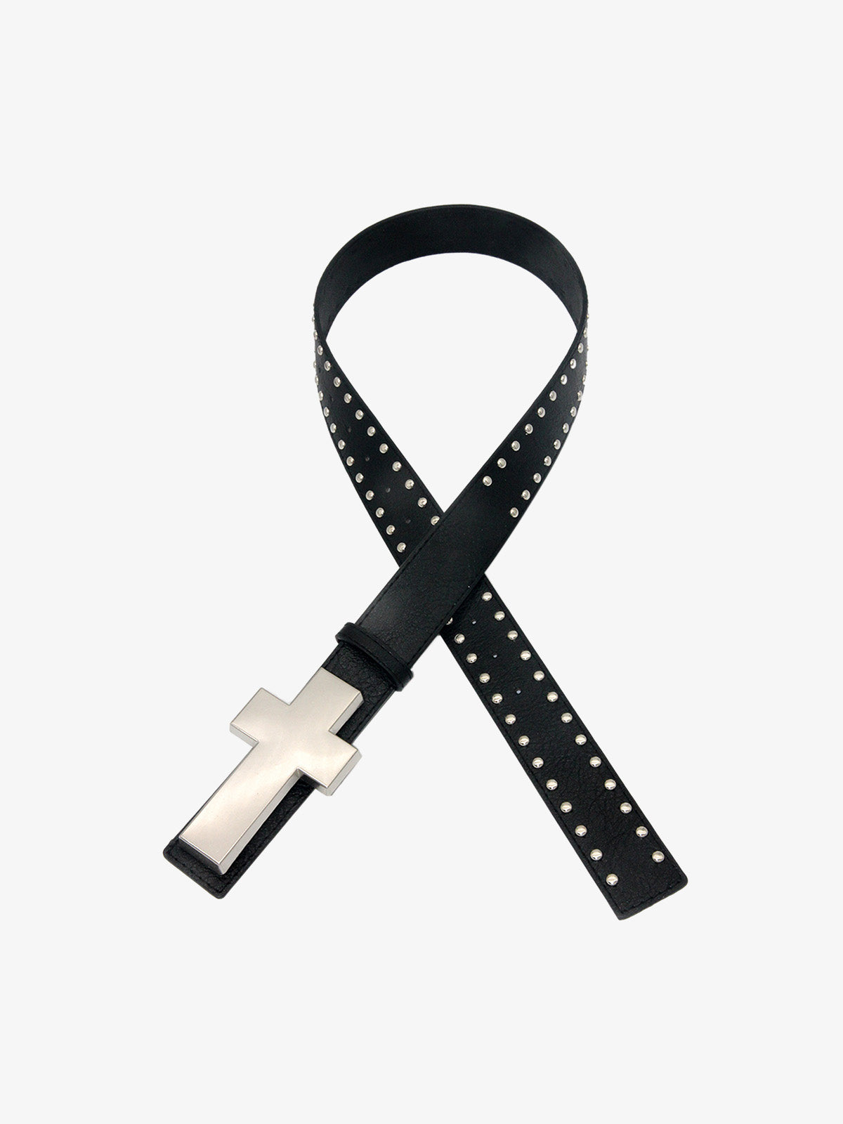 Cross Buckle Studded Black Leather Belt 