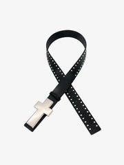 Cross Buckle Studded Black Leather Belt 