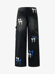 Streetwear Heavy-duty Washed Color-blocked Denim Jeans