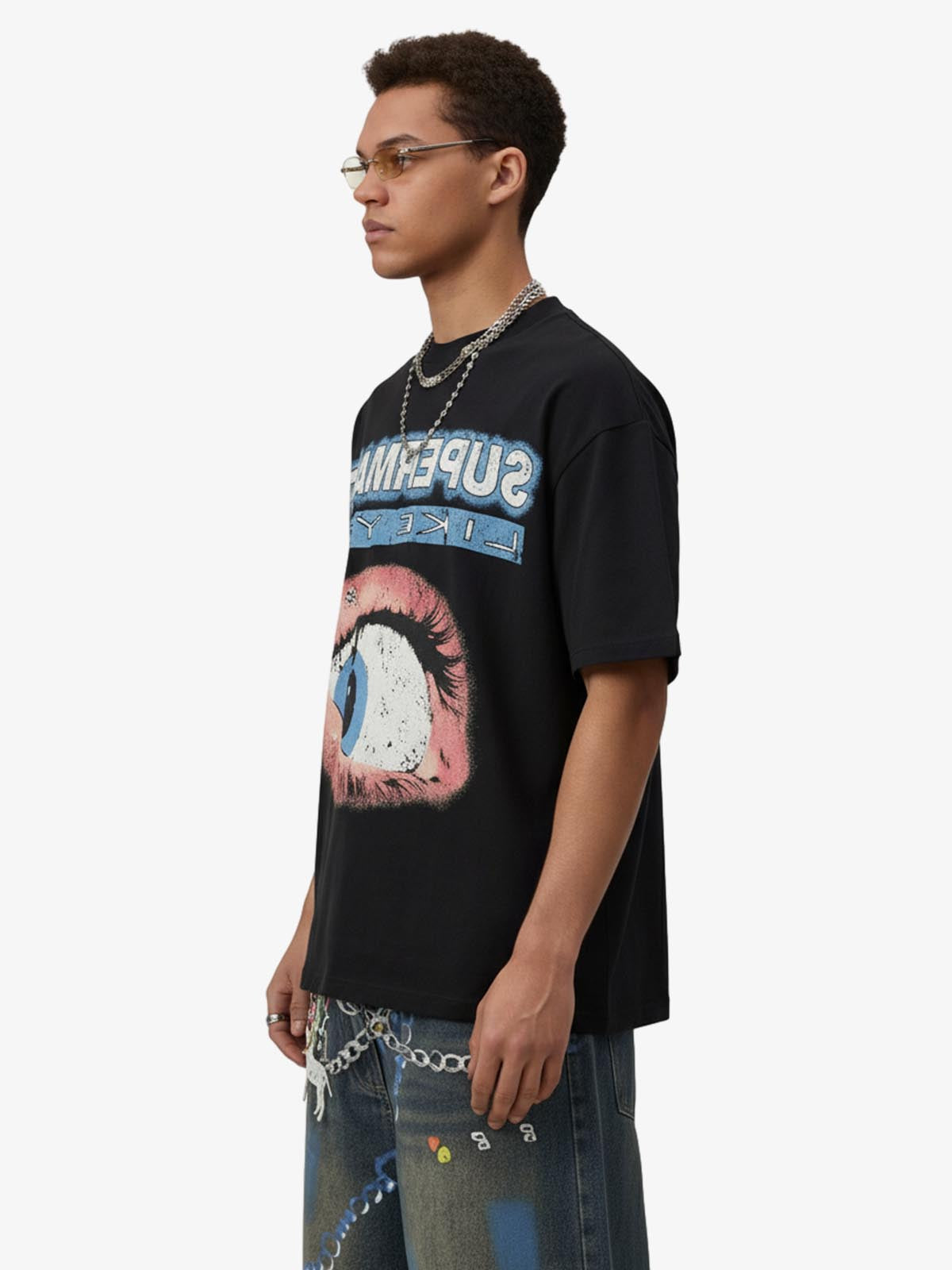 Waffle Knit Eye Graphic Letter Print T-Shirt 