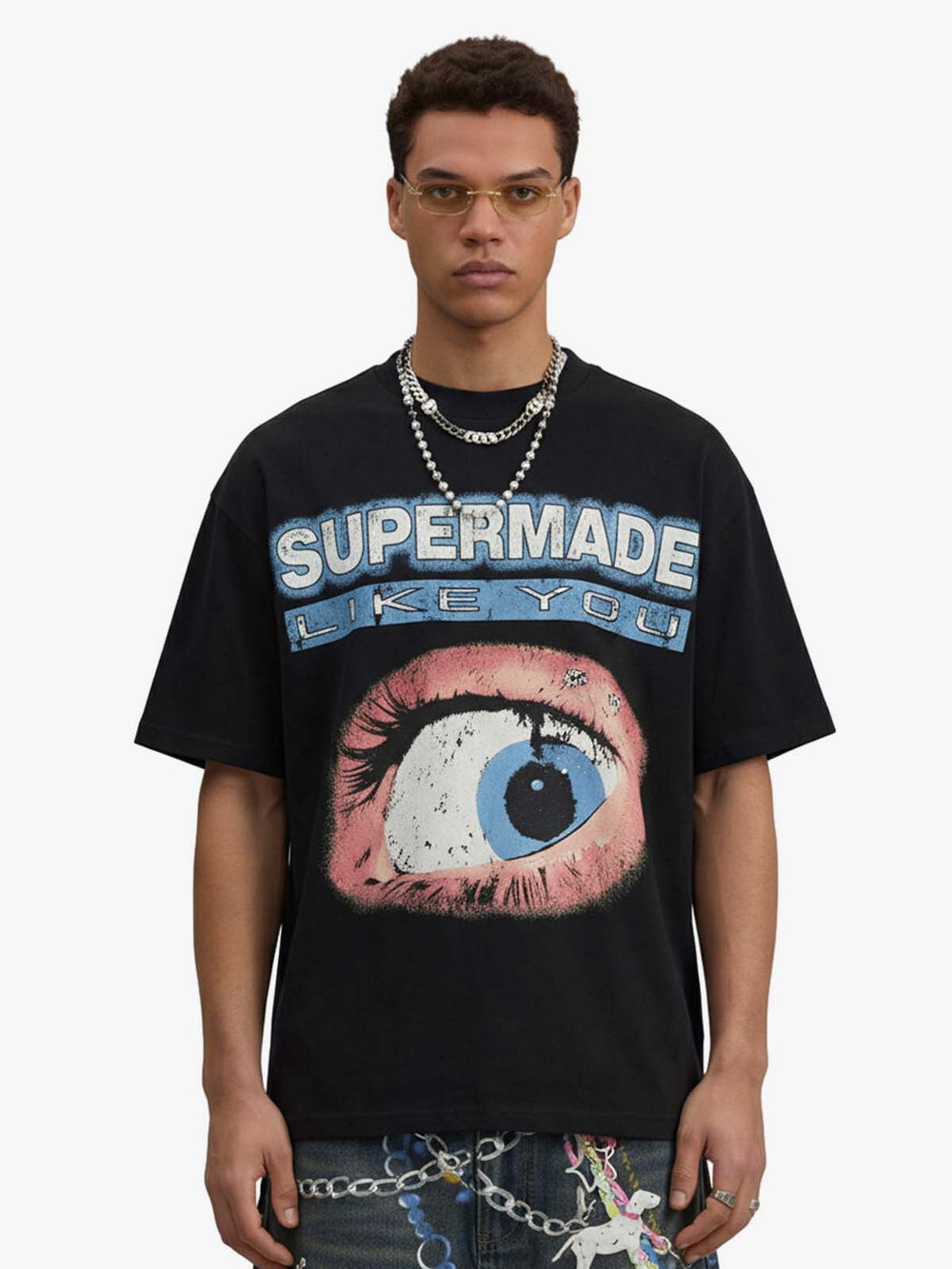 Waffle Knit Eye Graphic Letter Print T-Shirt 