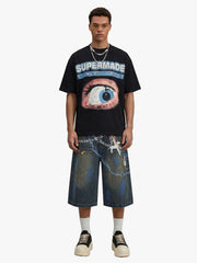 Waffle Knit Eye Graphic Letter Print T-Shirt 