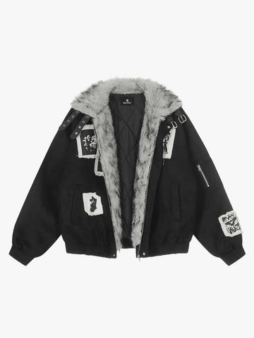 Faux Fur Collar Patchwork Embroidered Quilted Jacket 