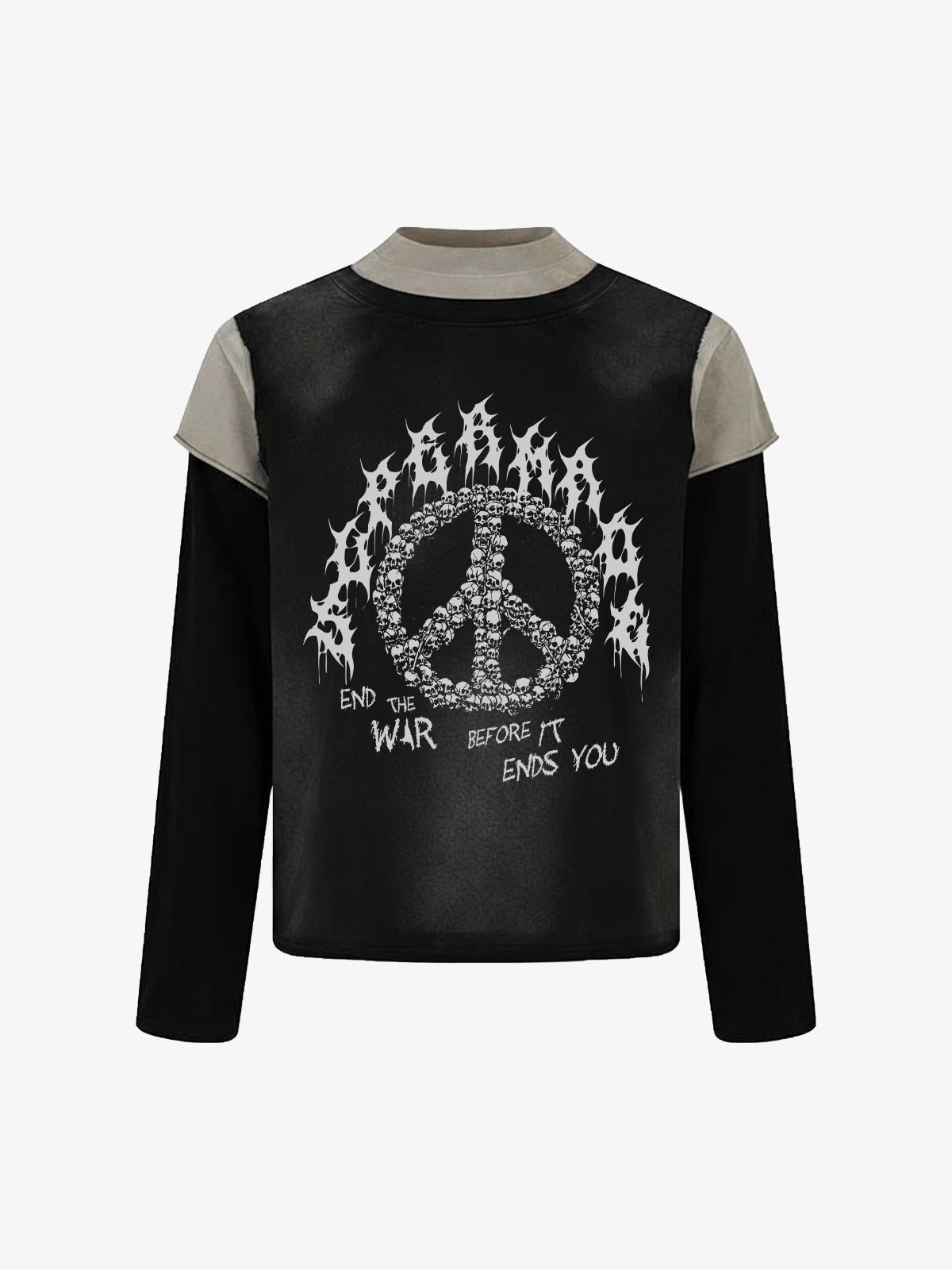 Cotton Blend Long Sleeve T-Shirt with Peace Symbol Skull Print and "End the War" Graphic Design 