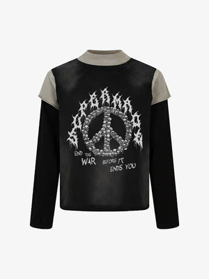 Cotton Blend Long Sleeve T-Shirt with Peace Symbol Skull Print and "End the War" Graphic Design 