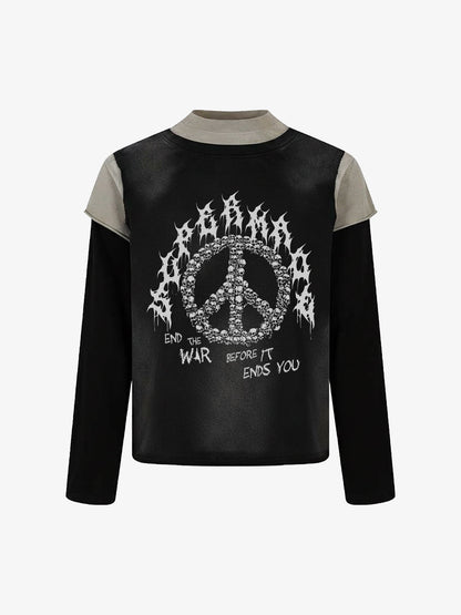 Cotton Blend Long Sleeve T-Shirt with Peace Symbol Skull Print and "End the War" Graphic Design 