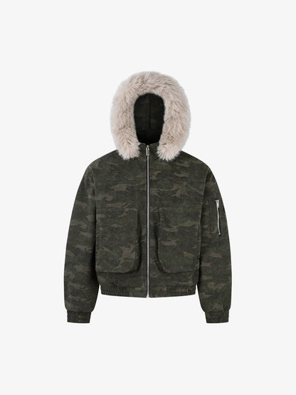 Retro Camo Faux Fur Trim Detachable Hooded Jacket 