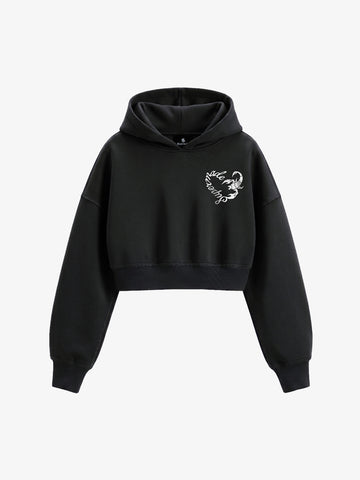 Faux Fur Hooded Sweatshirt with Embroidered Scorpion Graphic