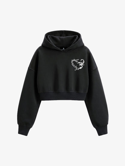 Faux Fur Hooded Sweatshirt with Embroidered Scorpion Graphic