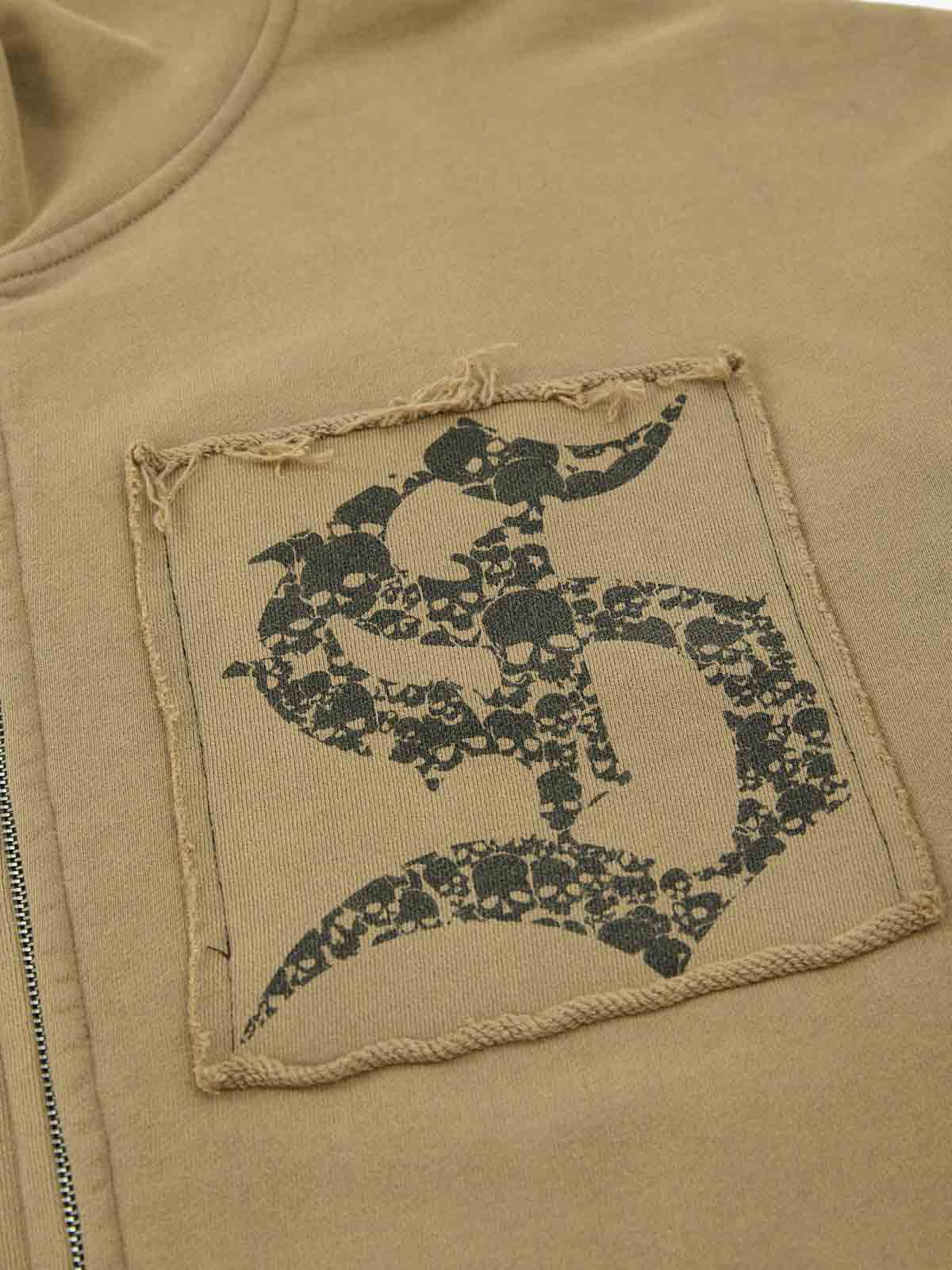 Cotton Blend Patchwork Bomber Jacket with Graphic Embroidery and Zipper Closure 