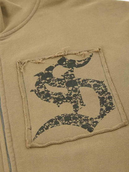 Cotton Blend Patchwork Bomber Jacket with Graphic Embroidery and Zipper Closure 