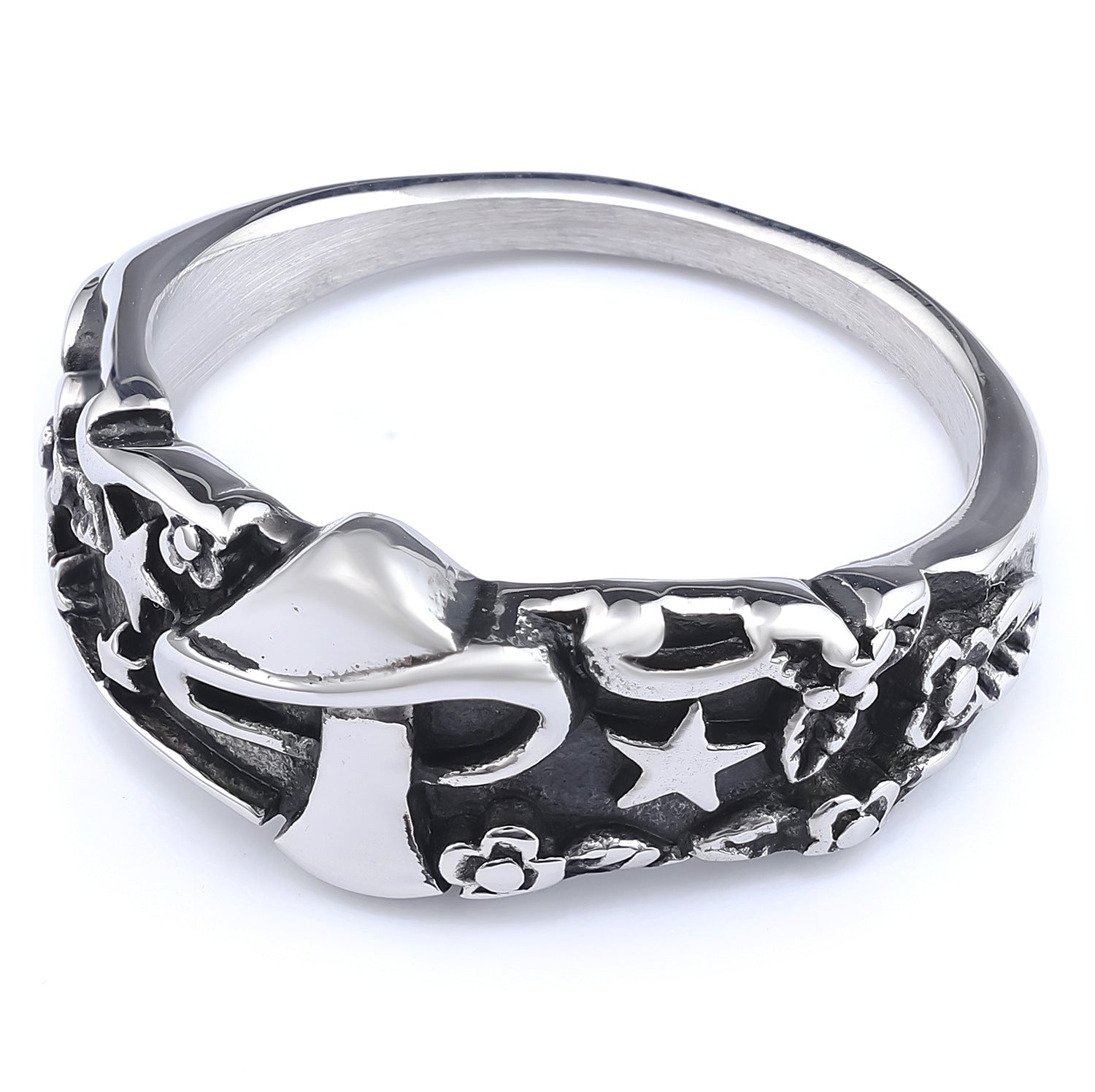 Sterling Silver Dragon Ring with Star and Flower Design Men's Gothic Jewelry 
