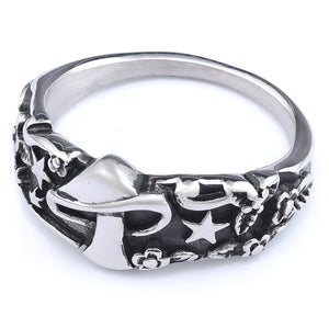 Sterling Silver Dragon Ring with Star and Flower Design Men's Gothic Jewelry 
