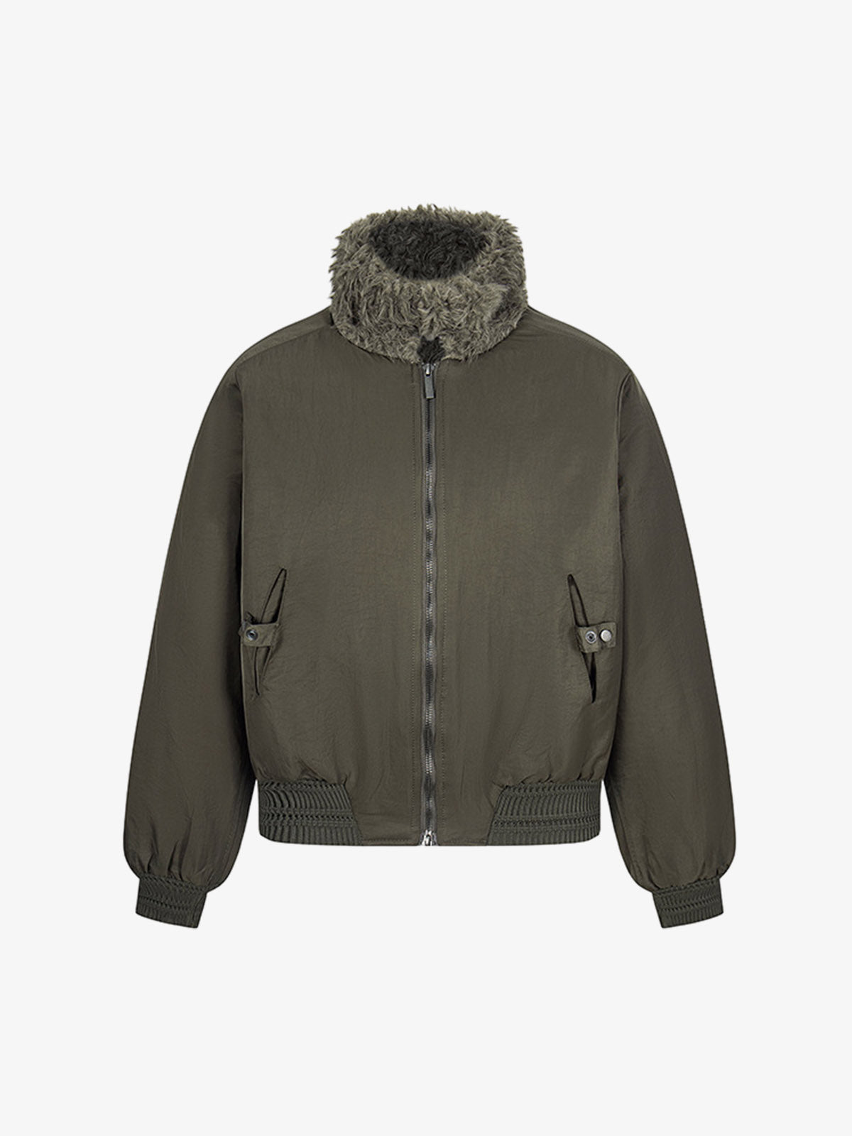 Olive Green Faux Fur Collar Padded Bomber Jacket 