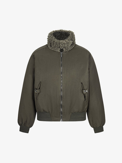 Olive Green Faux Fur Collar Padded Bomber Jacket 