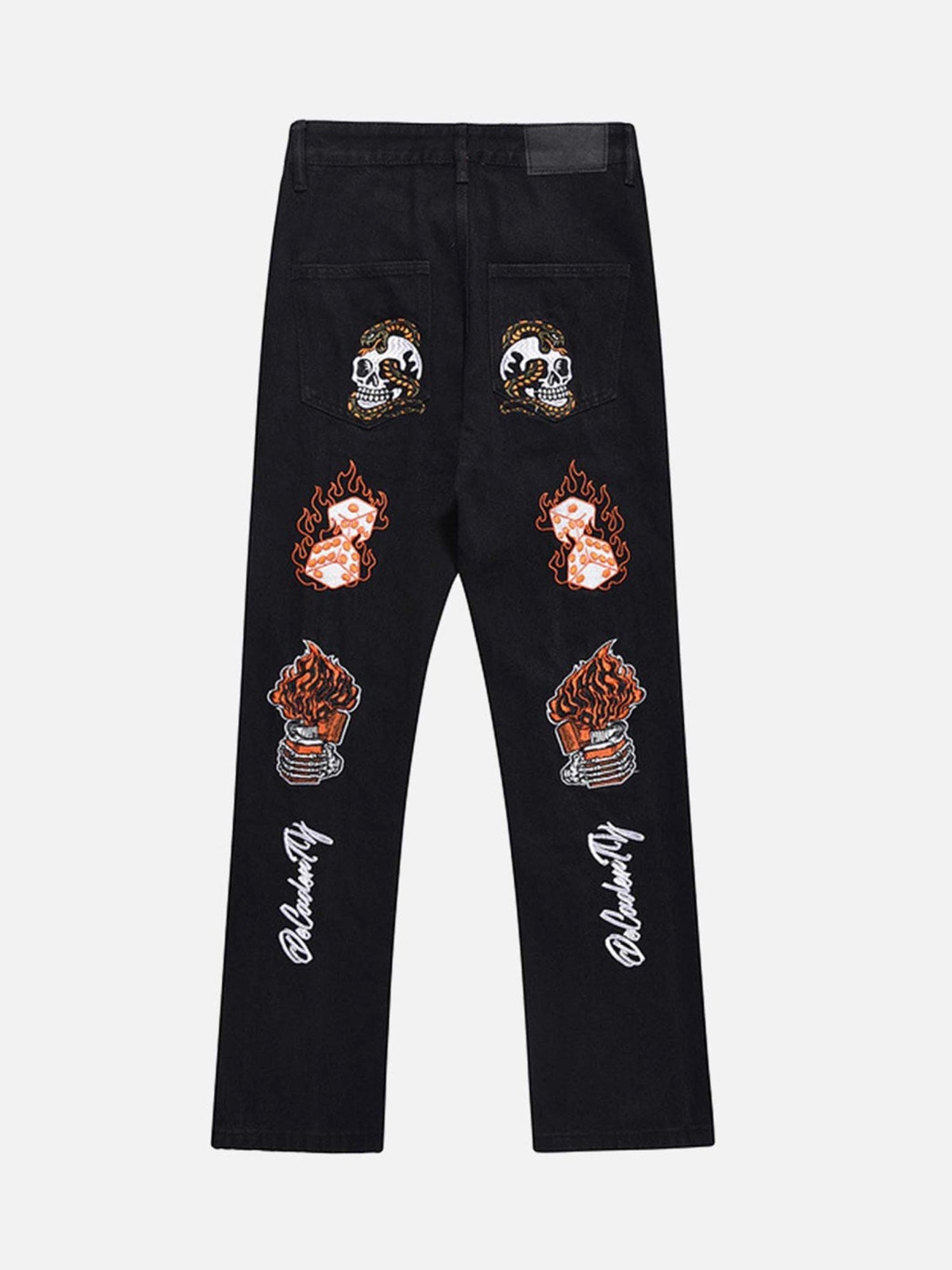 Thesupermade Skull Flame Monogram Embroidered Slim Fit Jeans