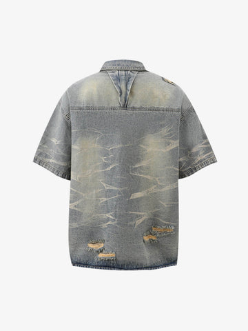 Washed Black Branch Print Deconstructed Denim Set 