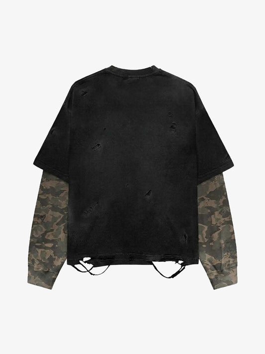 Distressed Graphic Camo Patchwork Two Layer T Shirt
