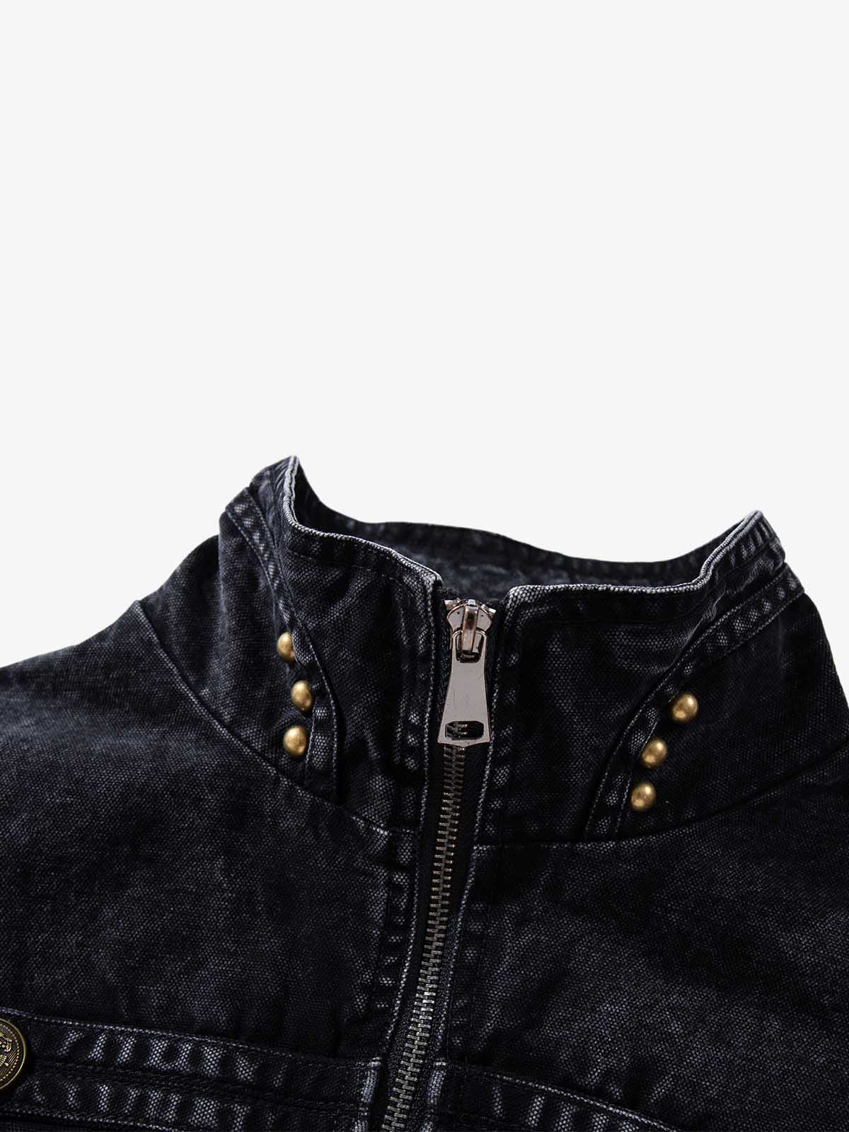 Military Button-Trim Washed Zip Jacket