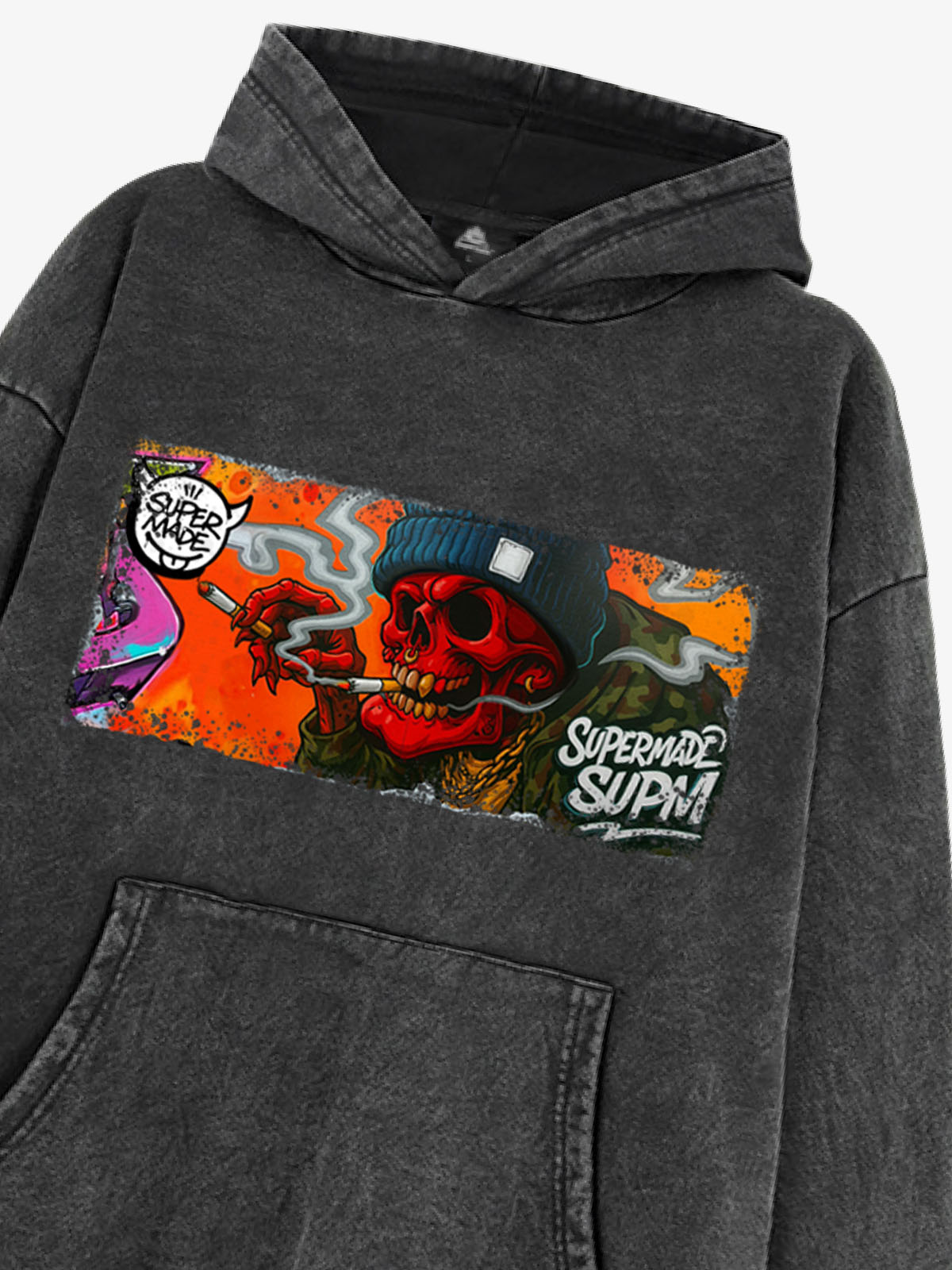 Thesupermade Distressed Blood-red Skull Graffiti Hooded Sweatshirt 