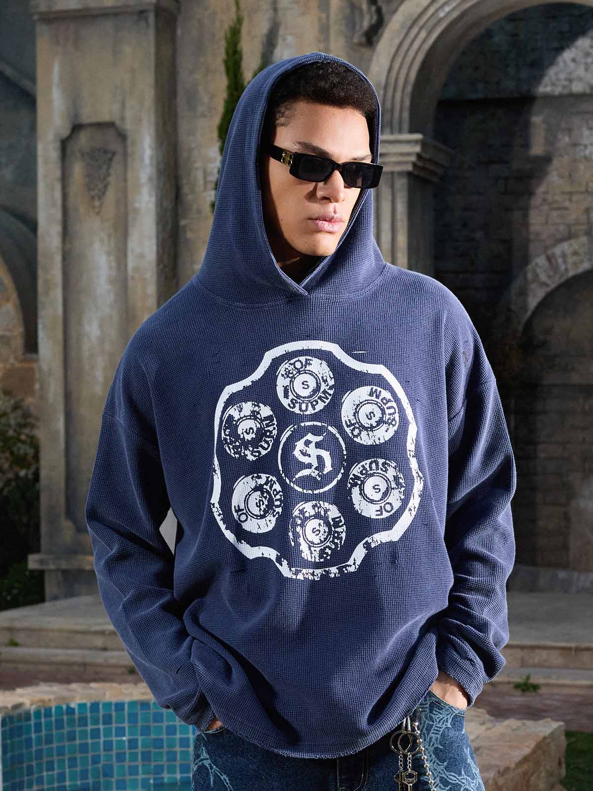 Supermade Waffle-Knit Distressed Button-Pattern Hoodie 