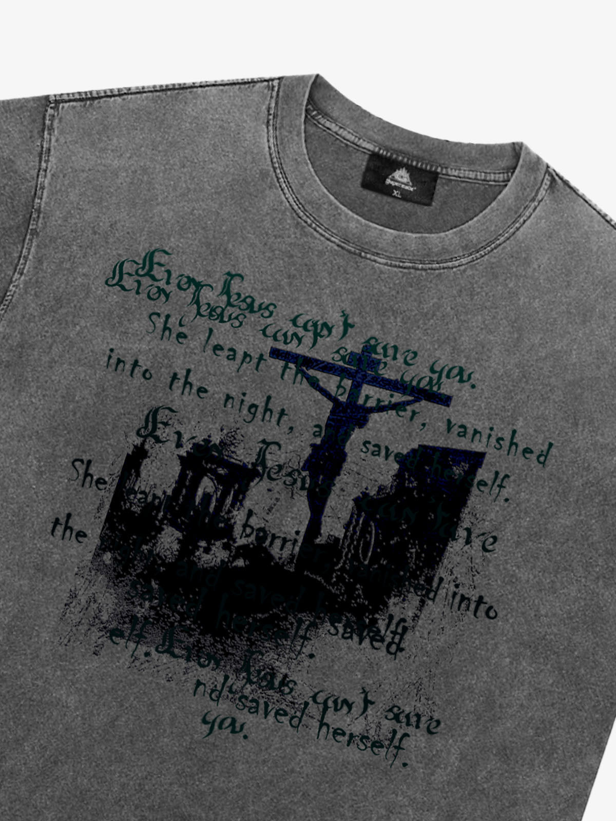 Washed Cross Overlay Text Graphic T-Shirt 