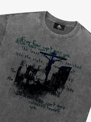 Washed Cross Overlay Text Graphic T-Shirt 