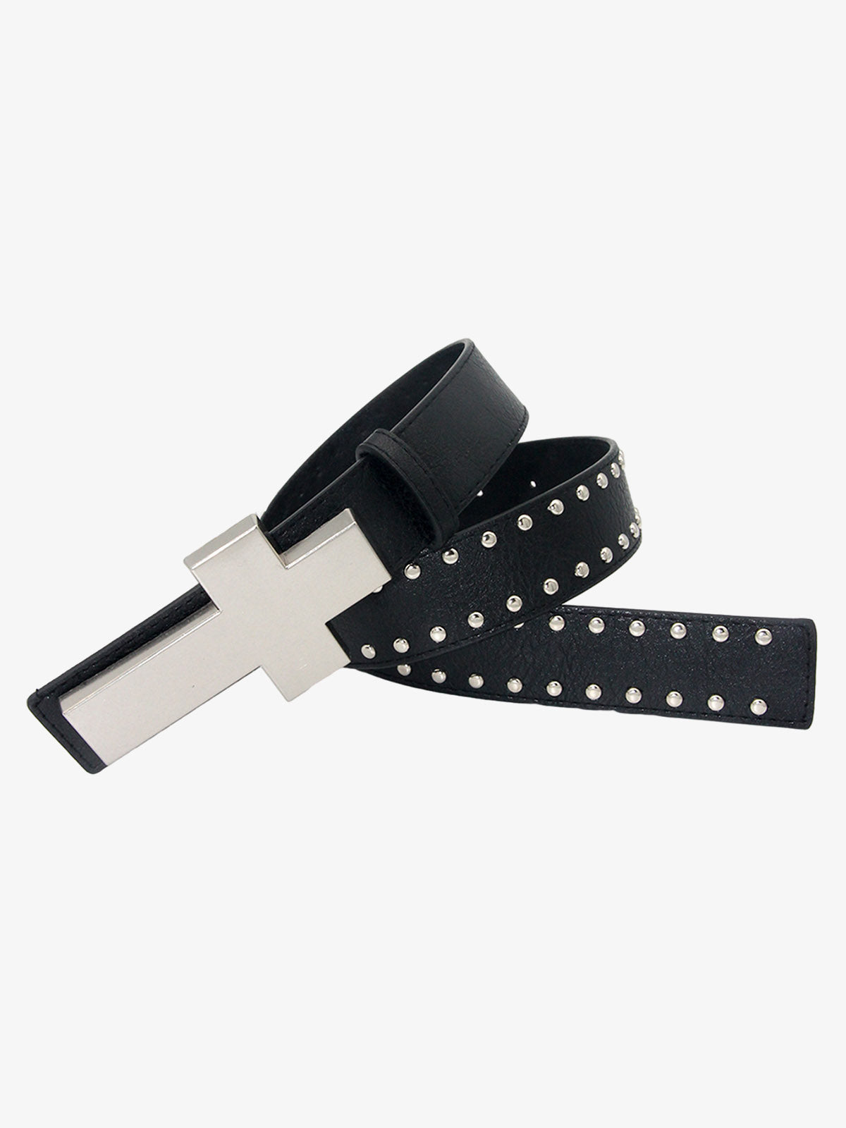 Cross Buckle Studded Black Leather Belt 