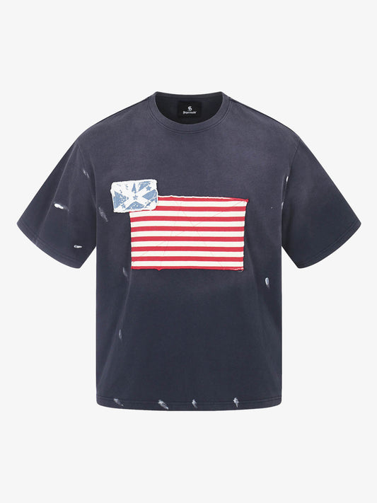 T-shirt graphique patchwork drapeau délavé vintage