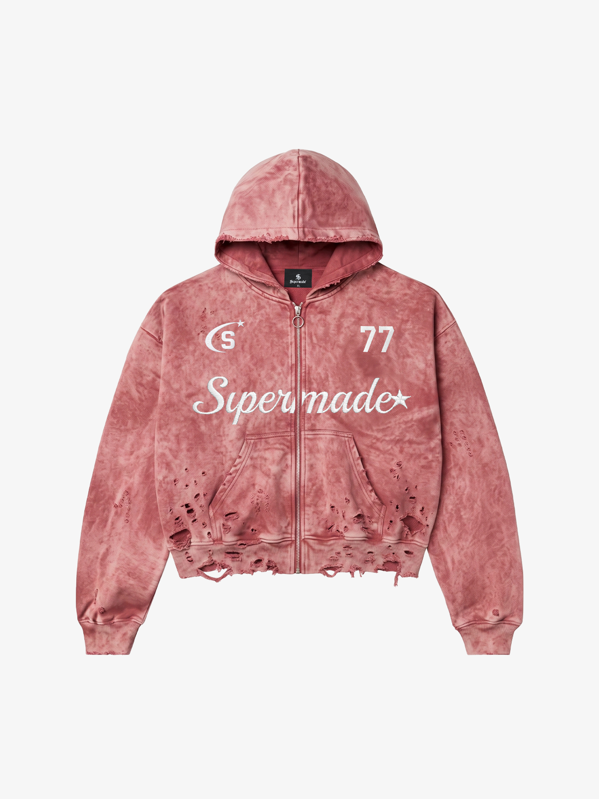 Embroidered Ripped Washed Distressed Zip Hoodie