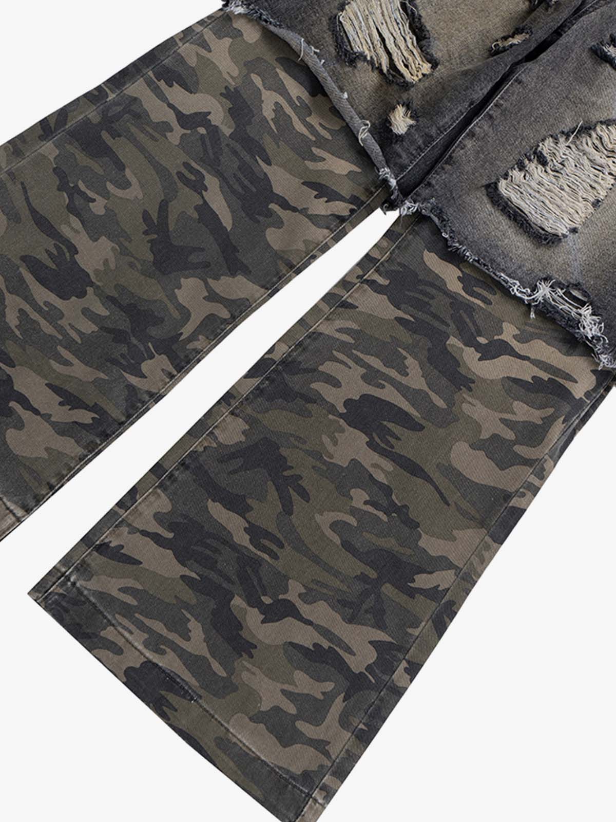 Camouflage Patchwork Flared Wide-leg Ripped Jeans 