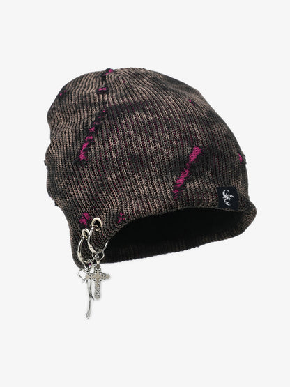 Retro Wasteland Style Distressed Knit Hanging Charm Beanie 