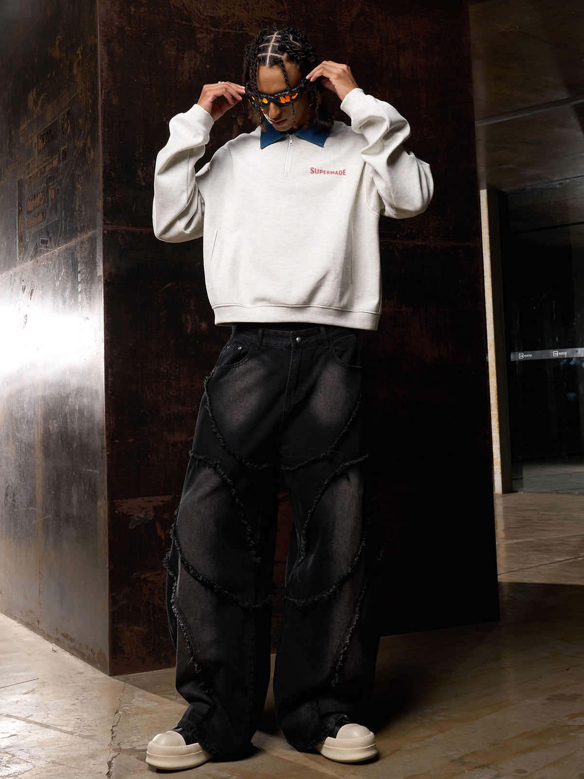 Original Denim Lapel Patchwork Sweatshirt 