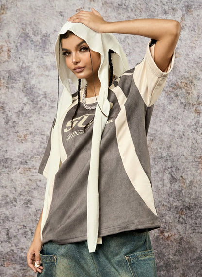 Jersey Deconstructed Contrast Color Stitching Print T-shirt - 2407 