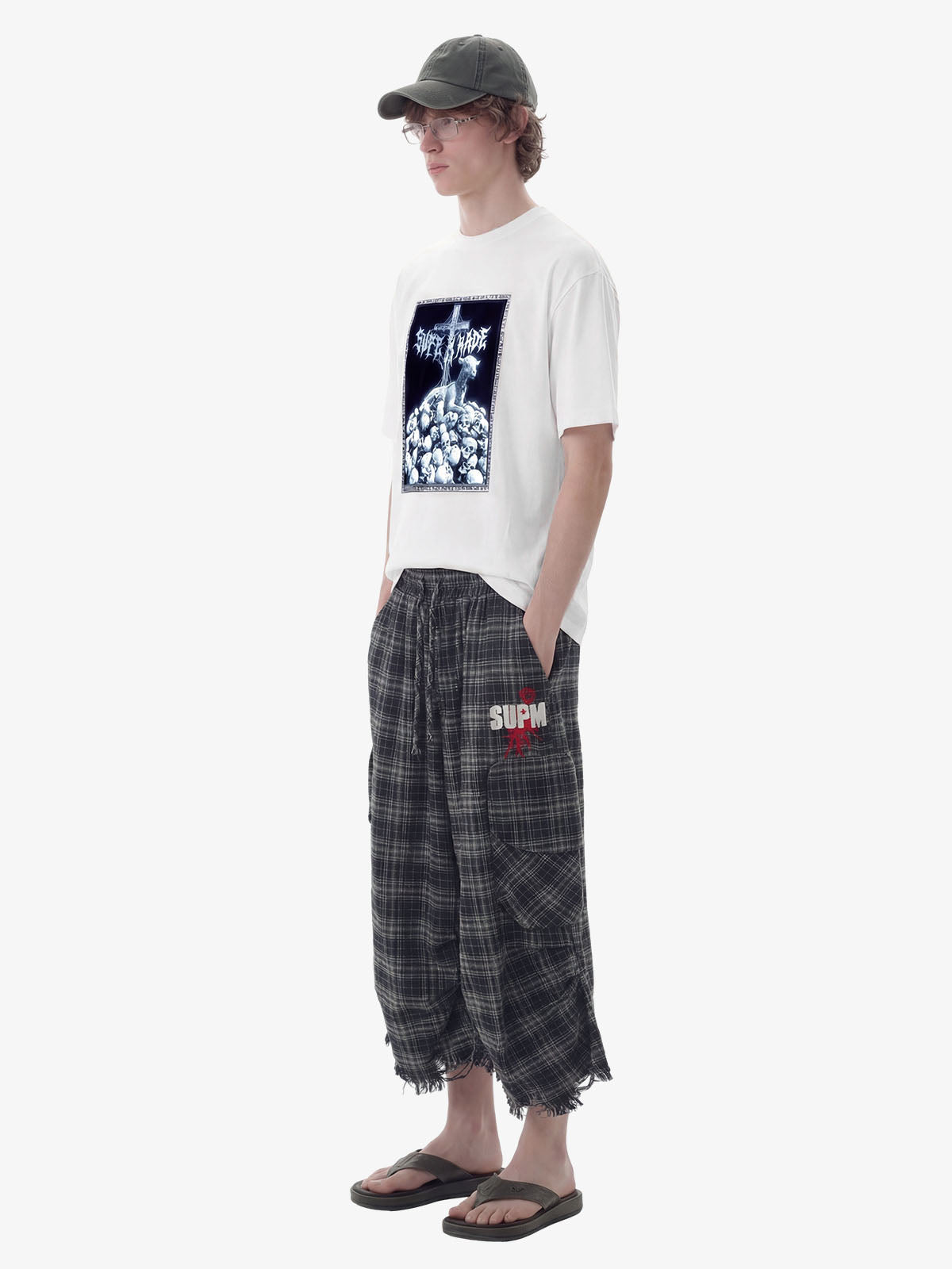 Plaid Linen-Blend Distressed Cargo Cropped Pants 