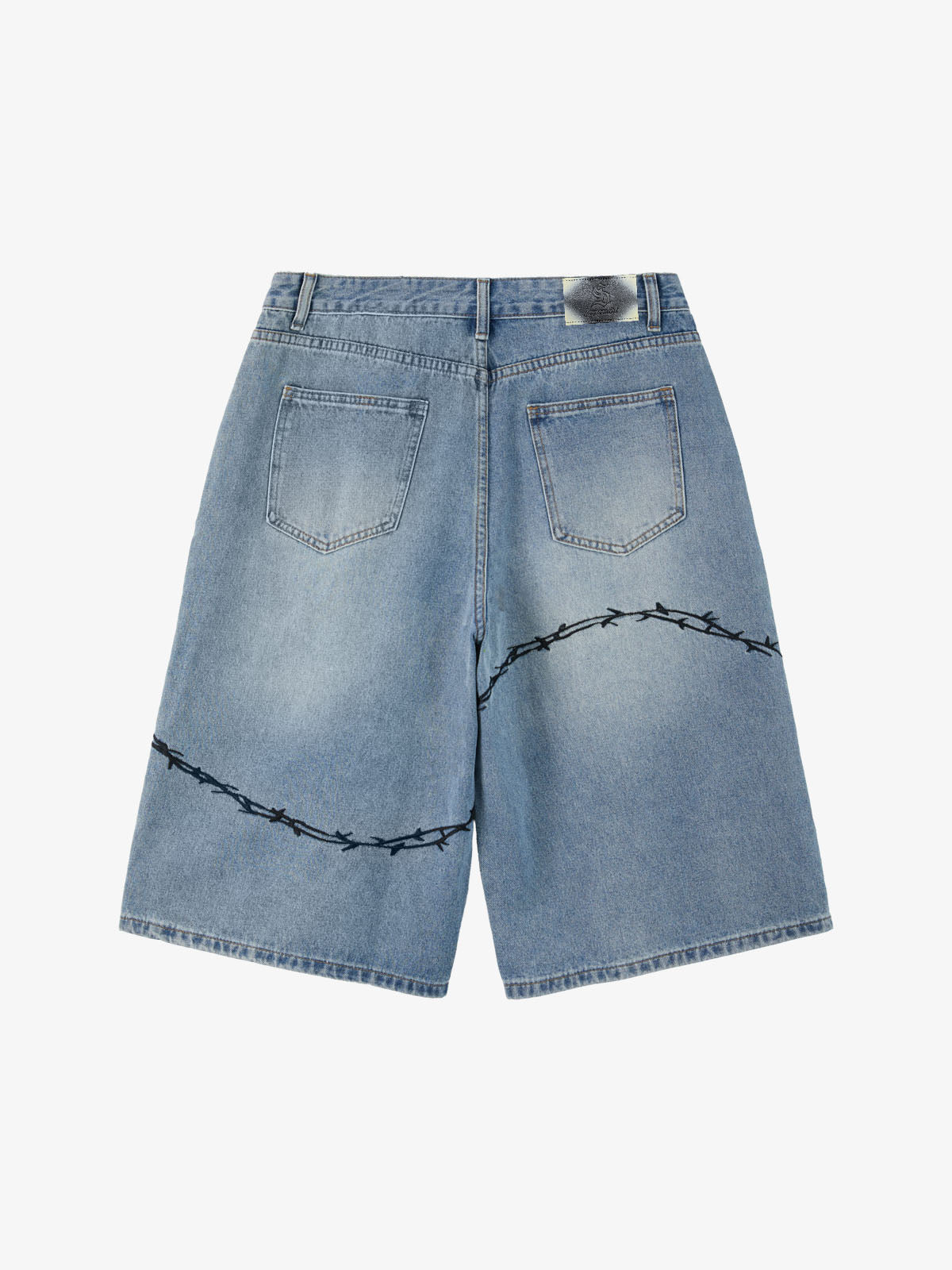 Vintage Barbed Wire Embroidery Distressed Washed Denim Jorts 