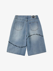 Vintage Barbed Wire Embroidery Distressed Washed Denim Jorts 