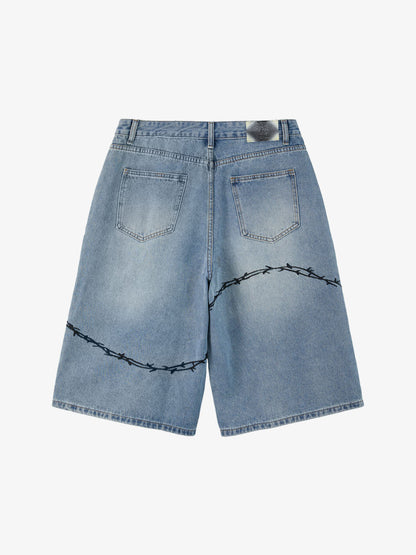 Denim Shorts with Barbed Wire Embroidery and Ripped Details for Men 