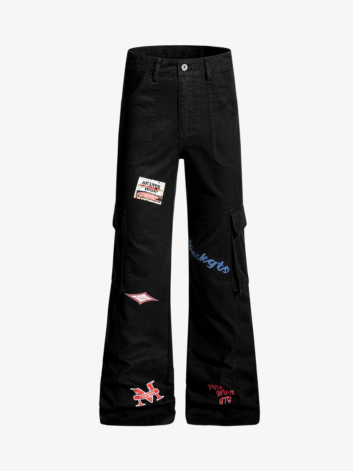 Retro Patchwork Graphic Multi-Pocket Flared Cargo Pants 