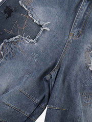 Bestickte Jeansshorts mit Used-Look und ausgefranstem Saum