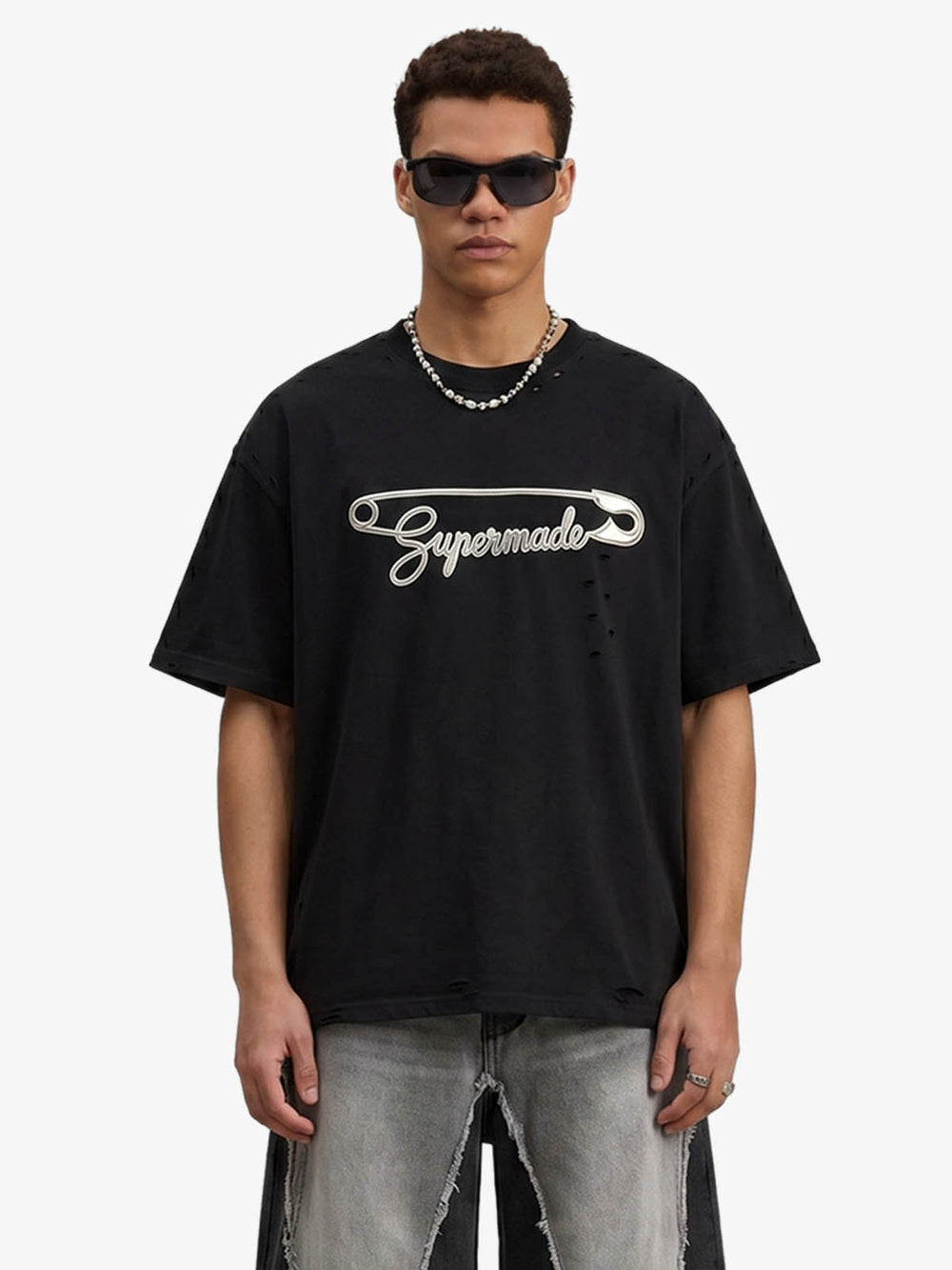 Distressed Safety Pin Cropped T-Shirt 
