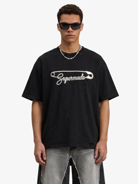 Distressed Safety Pin Cropped T-Shirt 