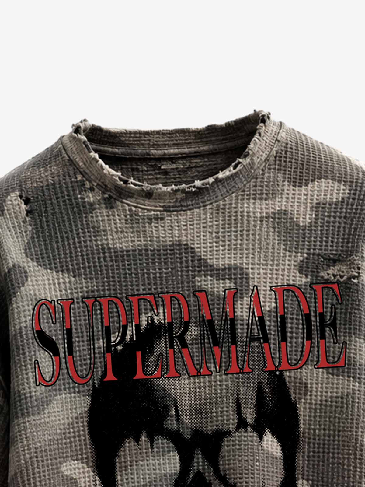 Distressed Waffle Knit Camo Long Sleeve with Skull Print