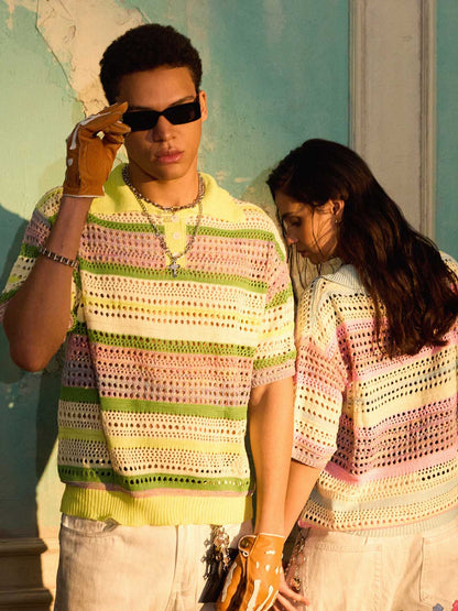 Knitted Striped Polo Shirt for Kids with Colorful Horizontal Patterns and Breathable Design 