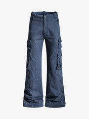 Vintage Washed Multi-Pocket Adjustable Strap Flare Cargo Pants 